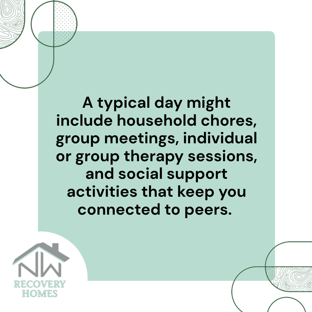 A graphic image discussing a typical day in a recovery transitional housing